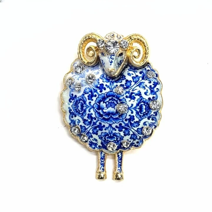 Blue and White Porcelain Sheep Brooch Alloy Rhinestone Animal Lapel Pin Vintage Clothing Badge