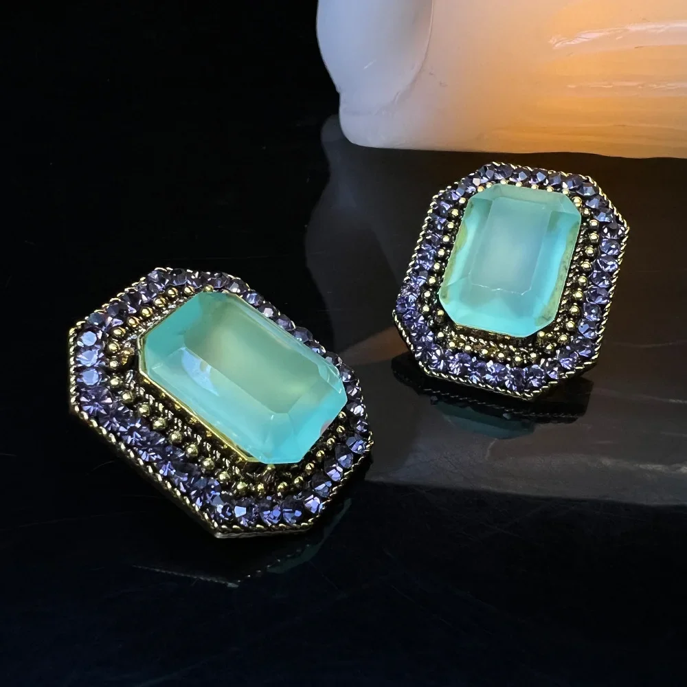 

Vintage Luxury Green Zircon Square Stud Earrings for Women Middle Ancient Style Purple Rhinestone Ear Original Design Jewelry