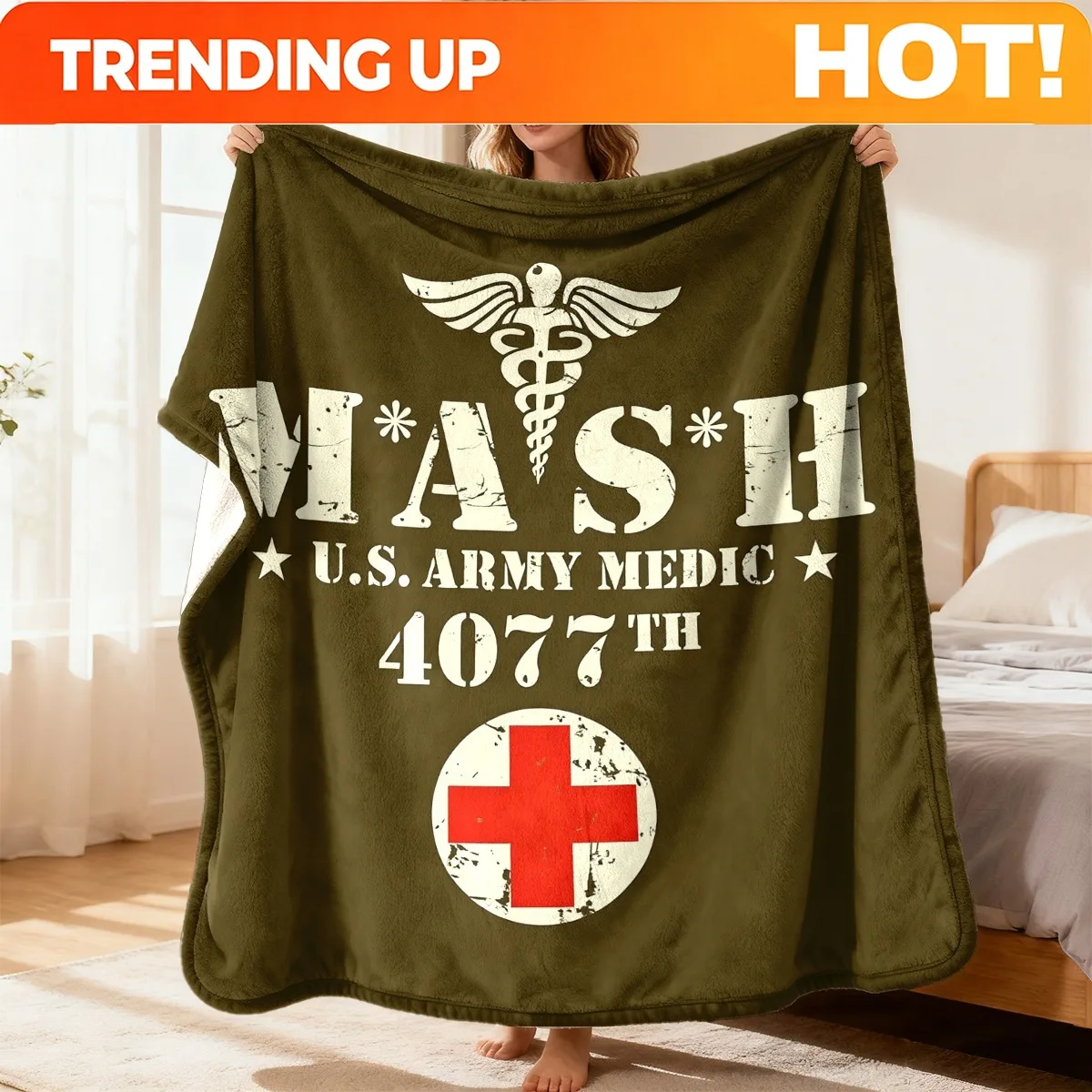 Customize Vintage MASH TV Show Blanket - U.S. Army Medic 4077th Design with Caduceus & Red Cross Emblem, Soft Flannel Suitable f