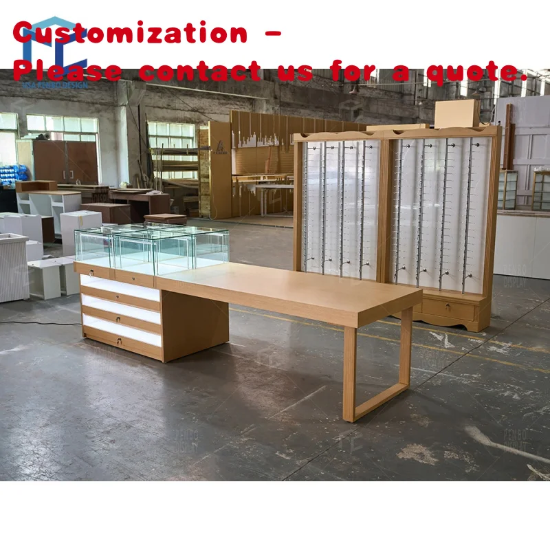 

custom.Modern Sunglasses Eyeglasses Display Showcase LED Lighting Wood Counter Reception Optical Shop Negotiating Table