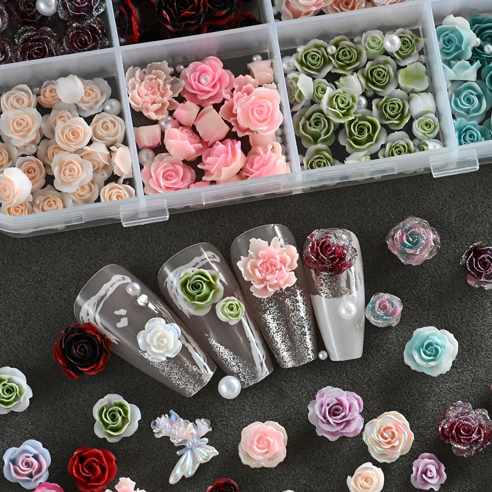 12 rejillas acrílicas, flor de Camelia rosa con perlas, cuentas de Caviar, dijes para uñas, Camelia colorida 3D, decoraciones artísticas para uñas Y2K para niñas