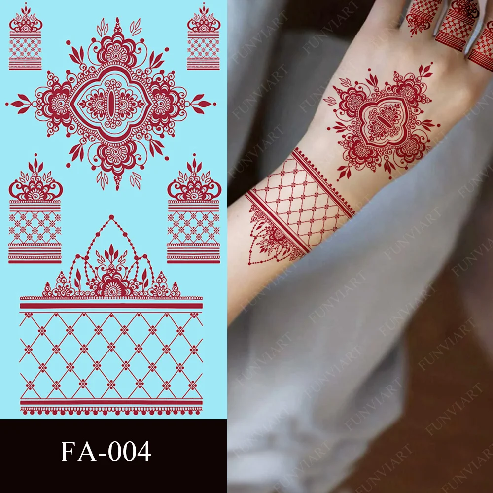 Maroon Henna Stickers for Hands Waterproof Temporary Henna Tattoos for Women Fake Tattoo Brown Henna Decorations Wedding