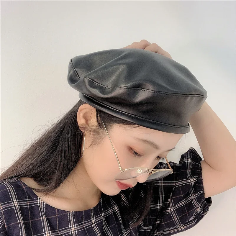 Women Girl Beret French Artist Warm Wool Winter Beanie Hat Cap Vintage Plain Beret Hats Solid Color Elegant Lady leather Caps