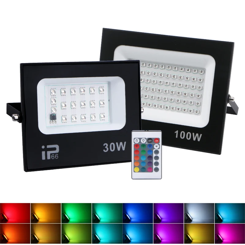 RGB LED Flood Light 100W 50W 30W IP66 Waterproof Outdoor  Spotlight Reflector Lamps Landscape Lighting with Remote Control