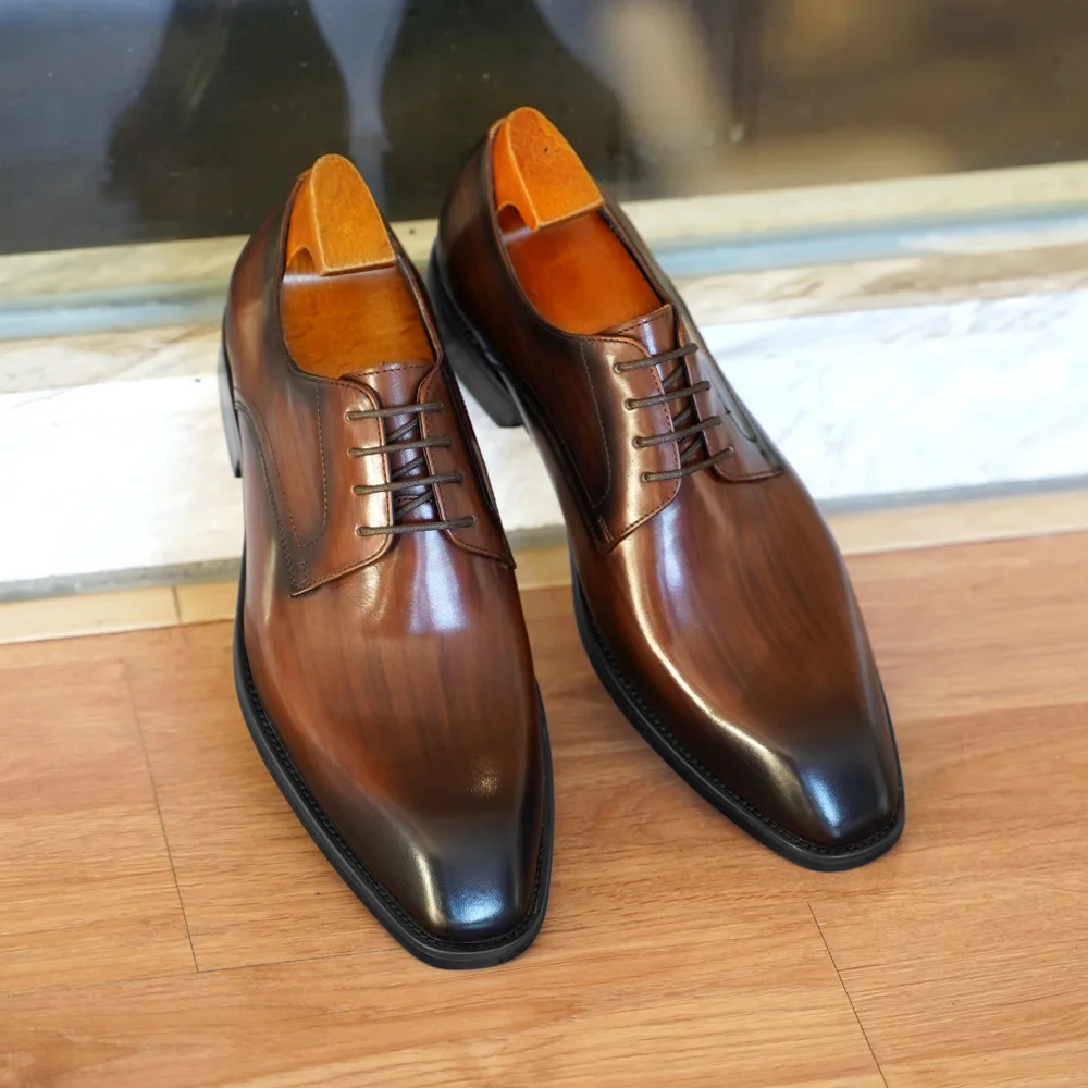 Men's Business Dress Shoes Distressed Wood Grain Pointed Toe Leather Brogue Shoes Comfortable Office Wear Formal Shoes Footwear