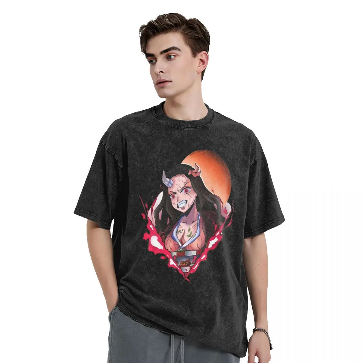 Washed T Shirt Demon Slayers Nezuko Comic T-Shirt Harajuku Anime Streetwear Short Sleeve Graphic Printed Tops Tees for Men Women