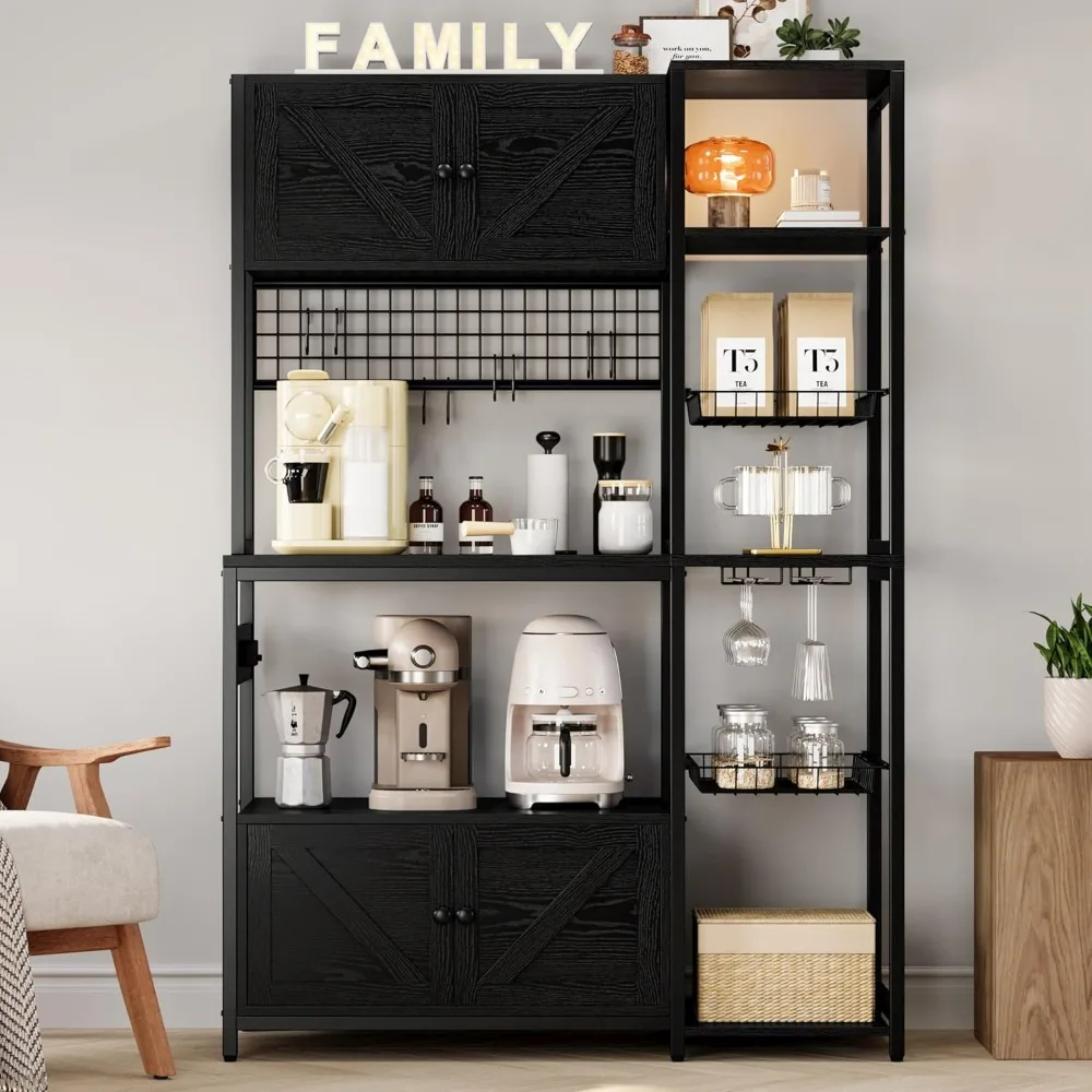 خزانة بار القهوة الصناعية مع خزائن تخزين ومخرج طاقة، وحامل ميكروويف للمطبخ مقاس 45.3 بوصة ووحدة رفوف