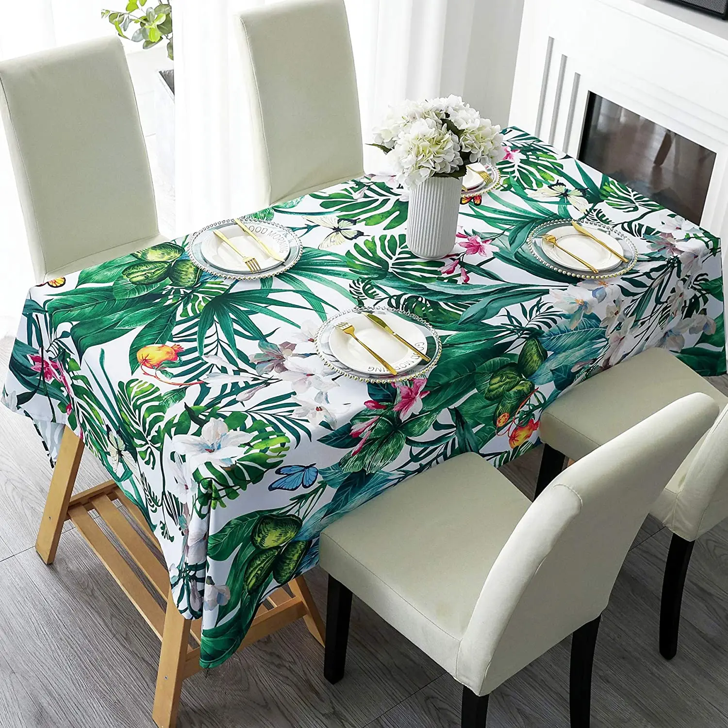 Tropical Green Leaf Rectangular Waterproof Tablecloth Wedding Decoration Summer Floral Table Cover for Party Picnic Dinner Decor