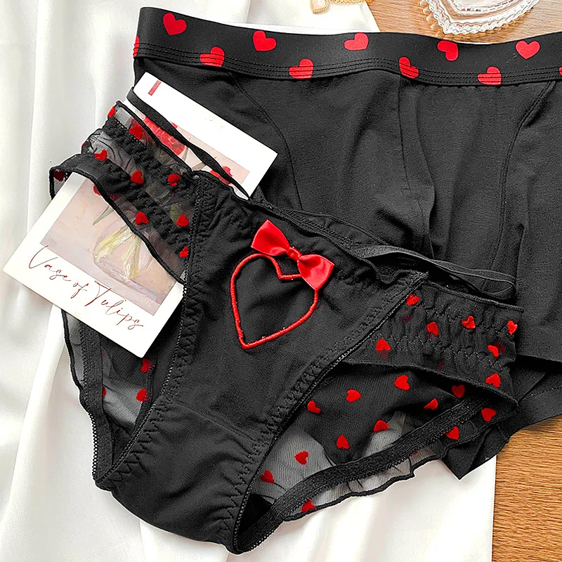 Couple Sexy Love Heart Briefs Bow Mid Waist Mesh Breathable Comfortable Knicker Men Boxer Shorts Boyfriend Girlfriend Underwear