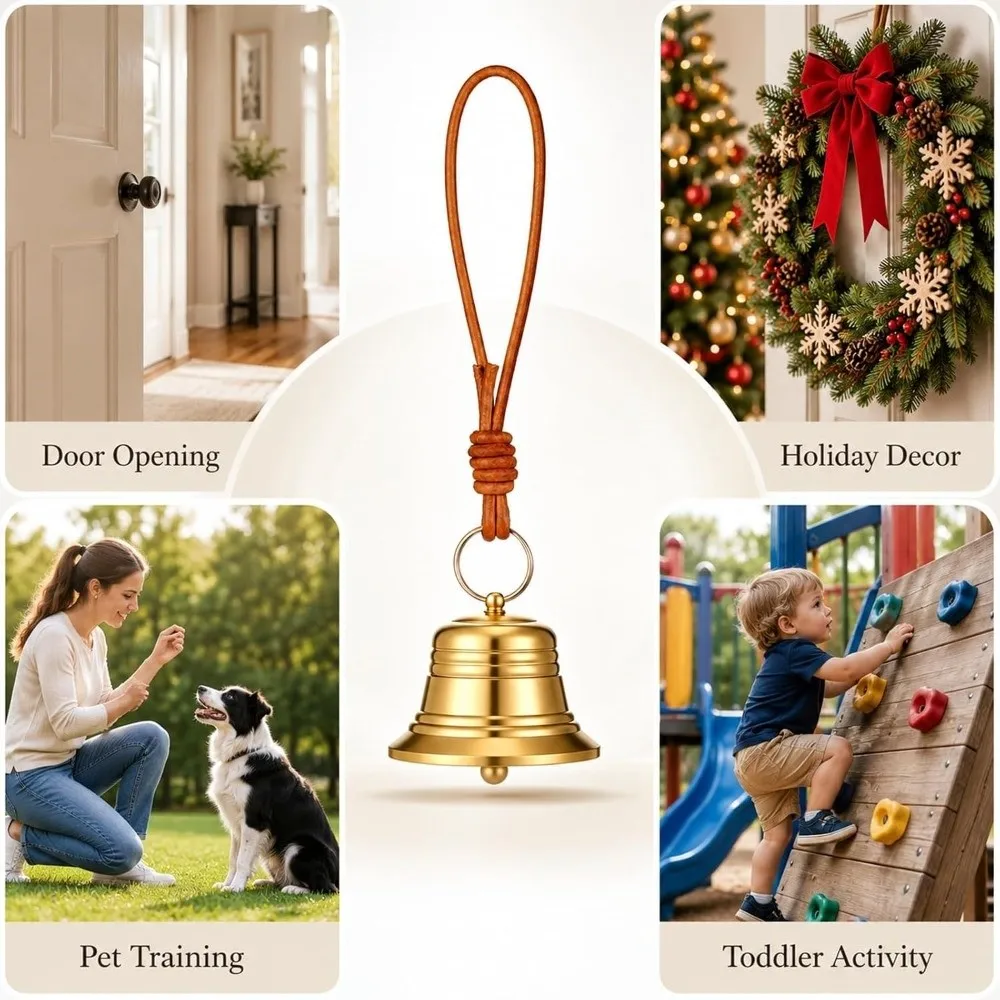 Vintage Gold Hanging Door Bell Rustic Clear Ringing Small Brass Bell with Hand Rope Door Knob Bell Home Garden Use