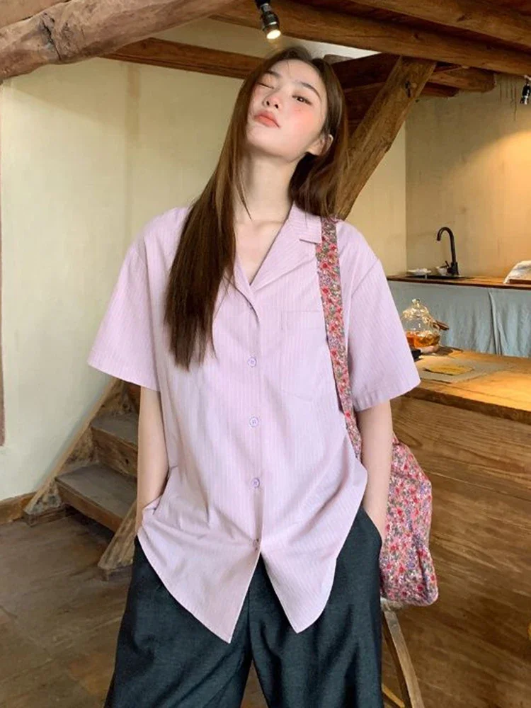 Ropa de calle para mujer, camisa holgada a rayas de manga corta Vintage Y2k, blusa americana Harajuku Retro de verano para mujer, Tops informales nuevos