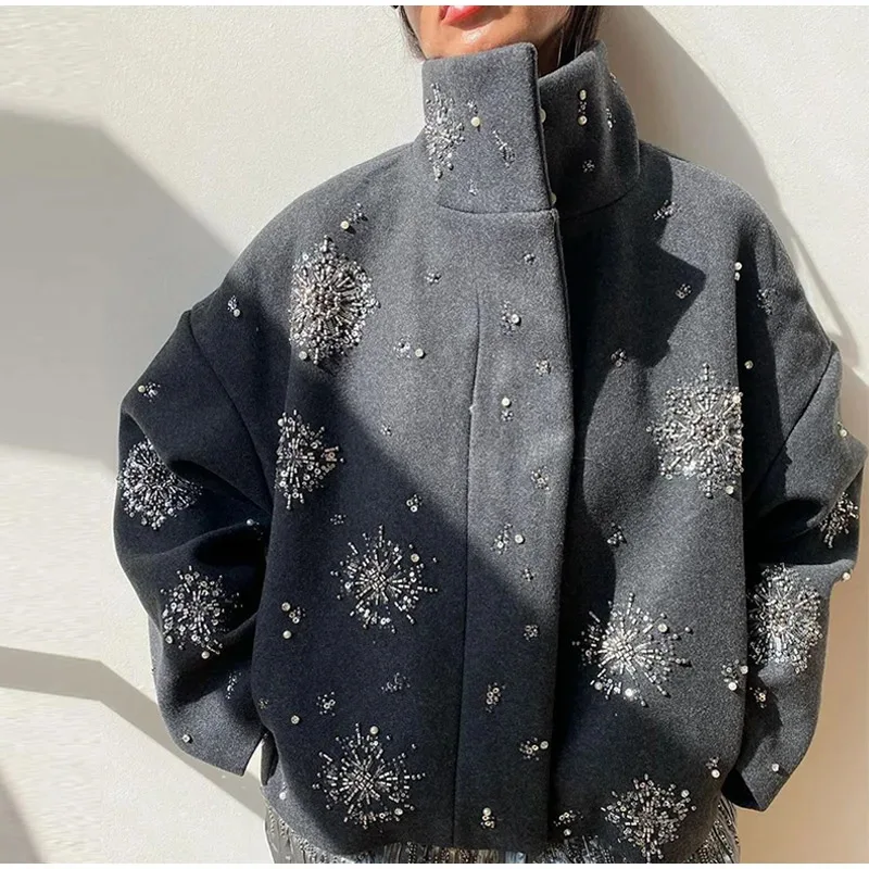 

Vintage Sequin Snowflake Jacket For Women Long Sleeve Stand Collar Loose Coat 2025 Fashion Lady Wool Blend Warm Thicken Outwears