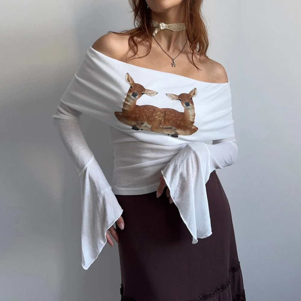

Blifanbo Off-Shoulder Printed Flared Long Sleeve Top T-shirt Women Autumn Fashion Sexy Slim Female T-shirt Top Streetwear New