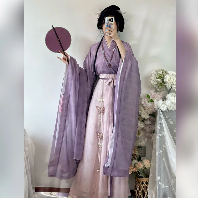 YF15 Hanfu Female Adult South and North Dynasties Collar Wide Sleeve Waist Eight Broken Skirt Elegant Spring Autumn New Style