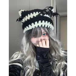 Subculture Punk Cat Eared Hat Cross Harajuku Gothic Knitted Winter Women Y2k Cap Autumn Cute Japanese Black Striped Beanies