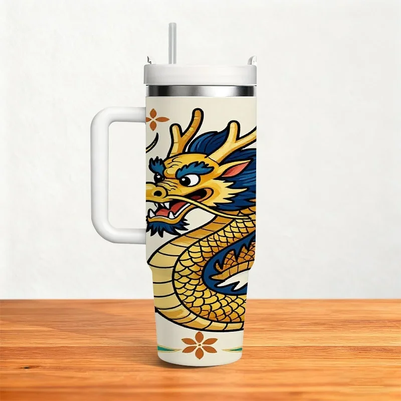Vibrant Cartoon Chinese Dragon Digital Print 40oz Stainless Steel Insulated Tumbler, with Traditional Chinese Cloud & Floral Motifs, Reusable Drink Container for Daily Commute, Office, Picnic & Outdoor Activities