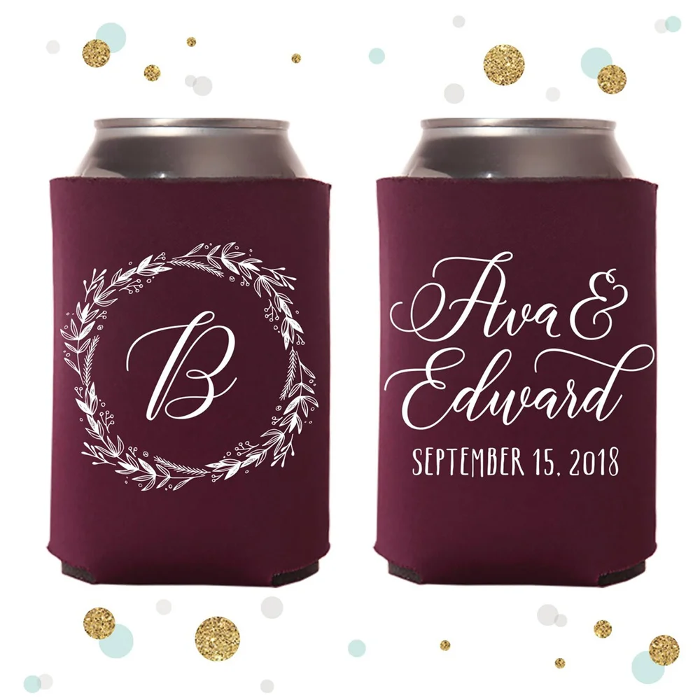 

Monogram Wreath - Wedding Can Cooler #114R - Personalized and Custom - Wedding Favors, Beverage Insulators, Beer Huggers