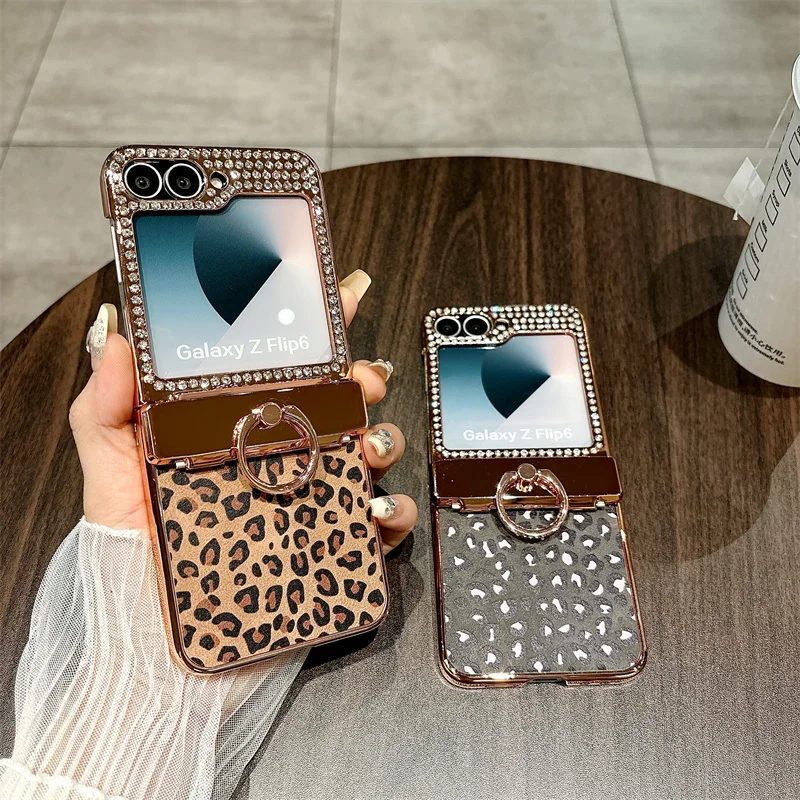 

Luxury Electroplated Protective Case, Leopard Print Ring Holder, Shockproof Phone Cover for Samsung Galaxy Z Flip 7 FE/6/5/4/3
