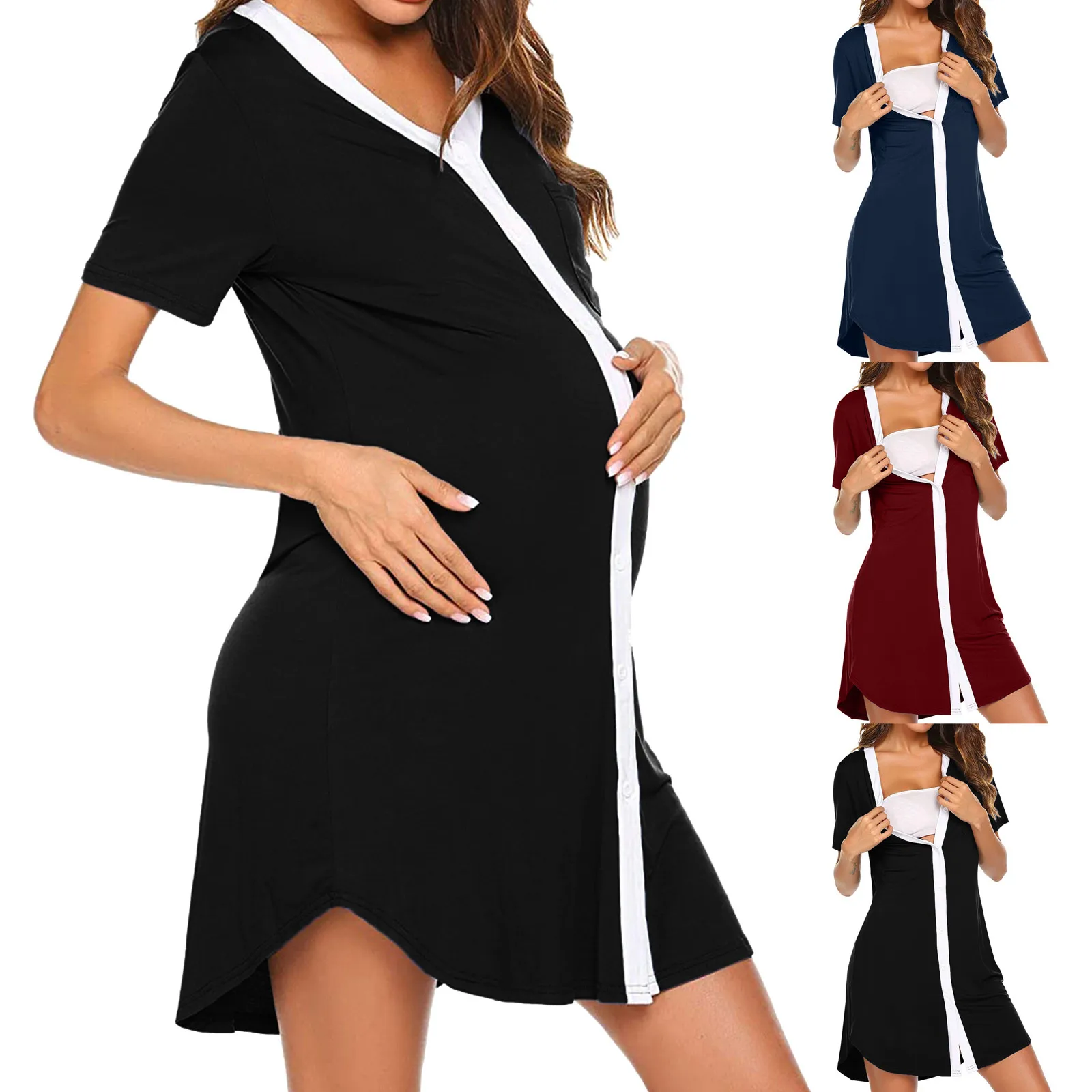 

Summer Maternity Dress Women Button Short Sleeve Hight Waist Dress For Daily Wearing Or Baby Shower Casual Pregnancy Clothes