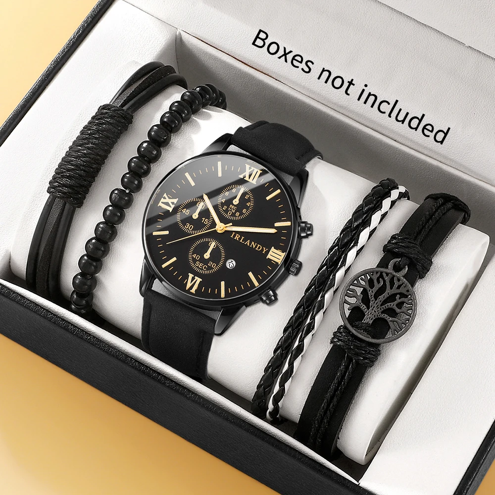 5pcs men's college minimalist quartz watch with bracelet accessory set, suitable for daily wear and holiday gifts