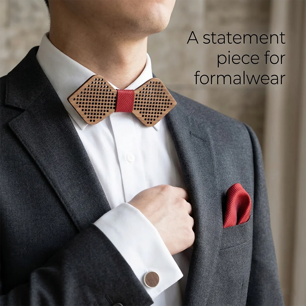 Handcrafted Wood Bow Tie Pocket Square Cufflinks Brooch Set - Rustic Wedding Groomsmen Gift Handmade Walnut Suit Accessories