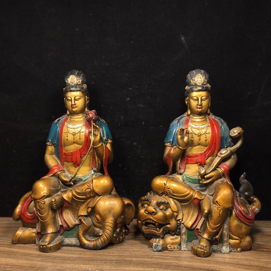 

8"Tibetan Temple Collection Old Bronze Painted Manjushri Bodhisattva Samantabhadra Backlight Sitting Buddha Worship Hall