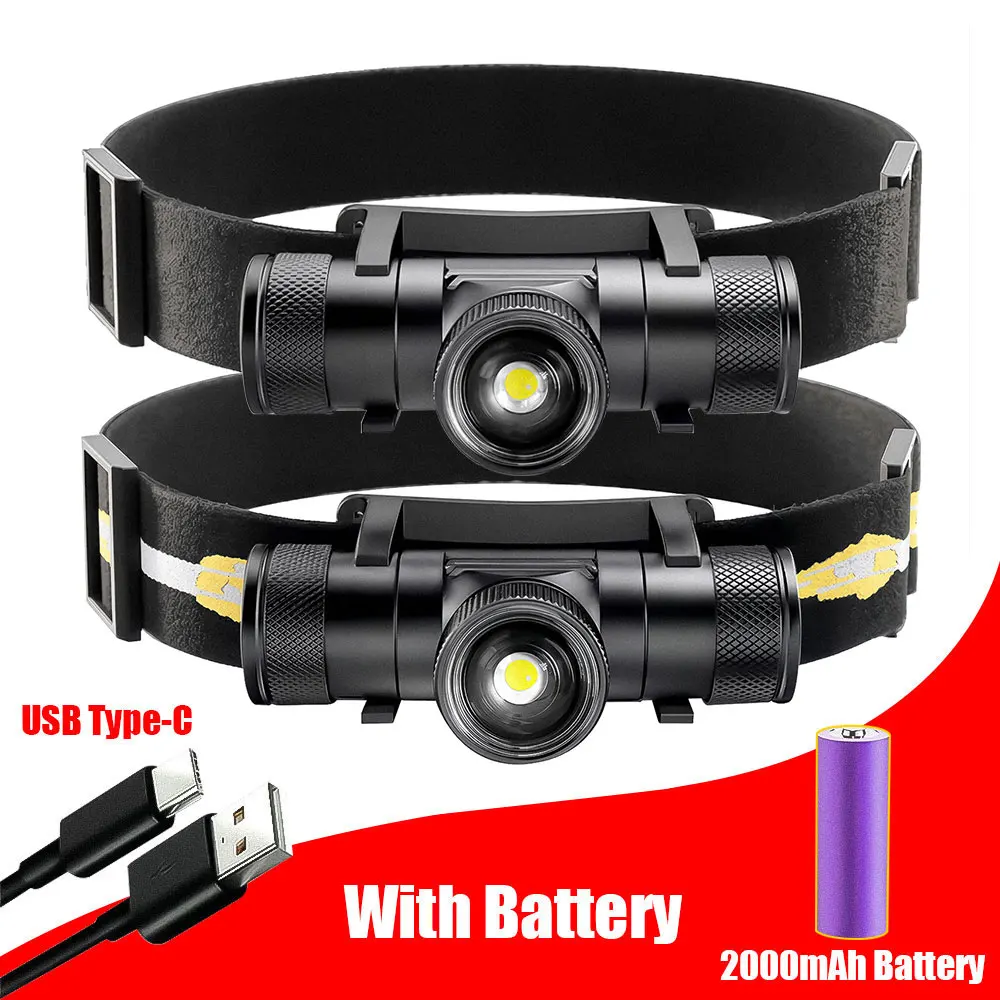 With Battery Focusing 1*LED White Headlamp 1200LM Powerful Type-C Rechargesble Headlight Waterproof Camping Fishing Head Torch