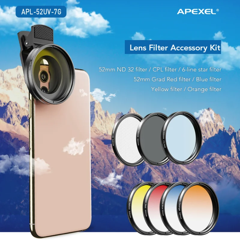 

52mm 7in1 Gradual Filter Lens Kit CPL Star Gradient Red Yellow Blue Camera Filters Phone Lens For all smartphones 52UV-G
