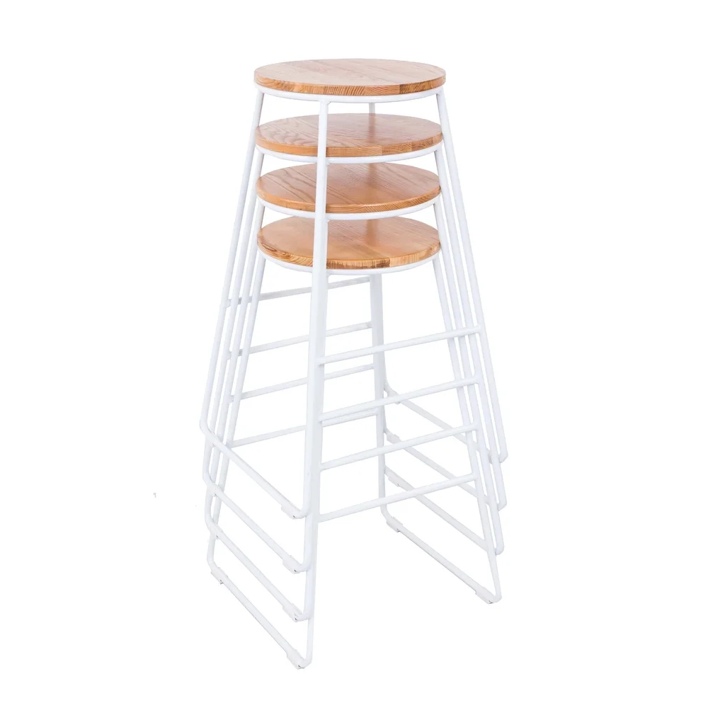 Stackable Backless Stool Set of 4 White Steel Base Natural Wood Seat Indoor Bar Kitchen Game Room Comfortable Footrest