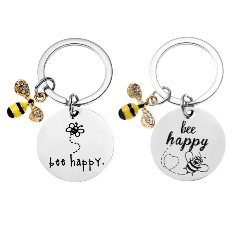 Cute Cartoon Bee Keychains Funny "bee happy" English Word High Quality Stainless Steel Key Chain Small Gift