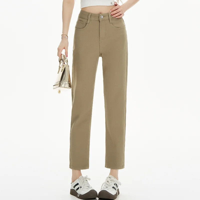

Khaki High Waist Vintage Denim Harem Pants Women Korean Fashion Casual Elastic White Jeans Female