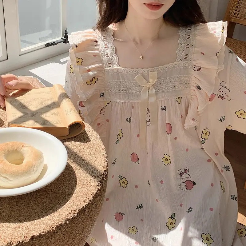 Floral Print Women Nightgown Sleepwear Square Collar Nightwear Korean Fashion Night Dress Long Sleeve Autumn One Piece Pajamas