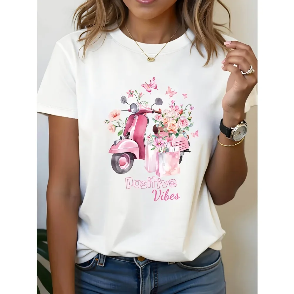 Positive Vibes Cute Pink Scooter Watercolor Flowers Butterfly Graphic Short Sleeve T Shirt Trendy Casual Cotton Tees for Women