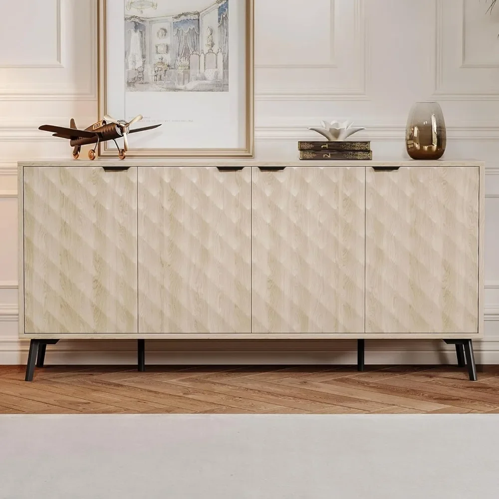 

62'' Diamond Flute Sideboard Buffet Cabinet, Diamond Shaped Relief Storage Cabinet with Adjustable Shelves, Accent for Living Ro