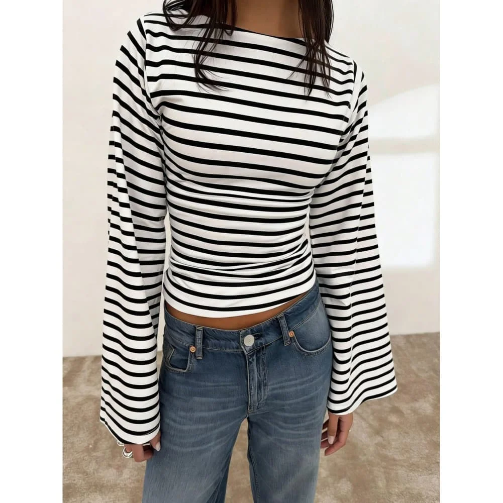 Womens Straight-Neck Striped Long-Sleeve Polyester T-Shirt For Retro Casual Slim-Fit for Beach Holiday Cycling Outfits