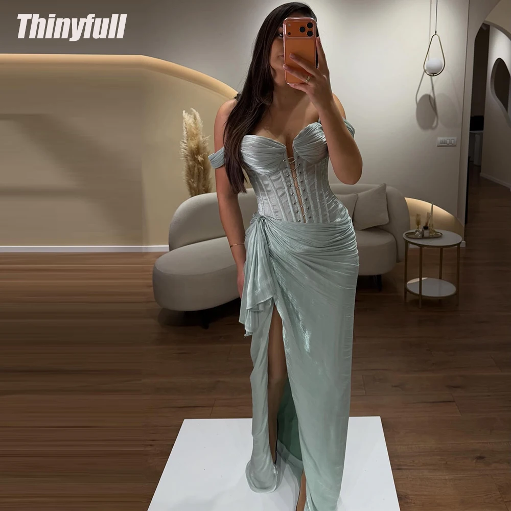 

Thinyfull Shiny Satin Arab Prom Dresses Off Shoulder Sleeveless Evening Gown Long Dubai Formal Dress robes de soirée Customized