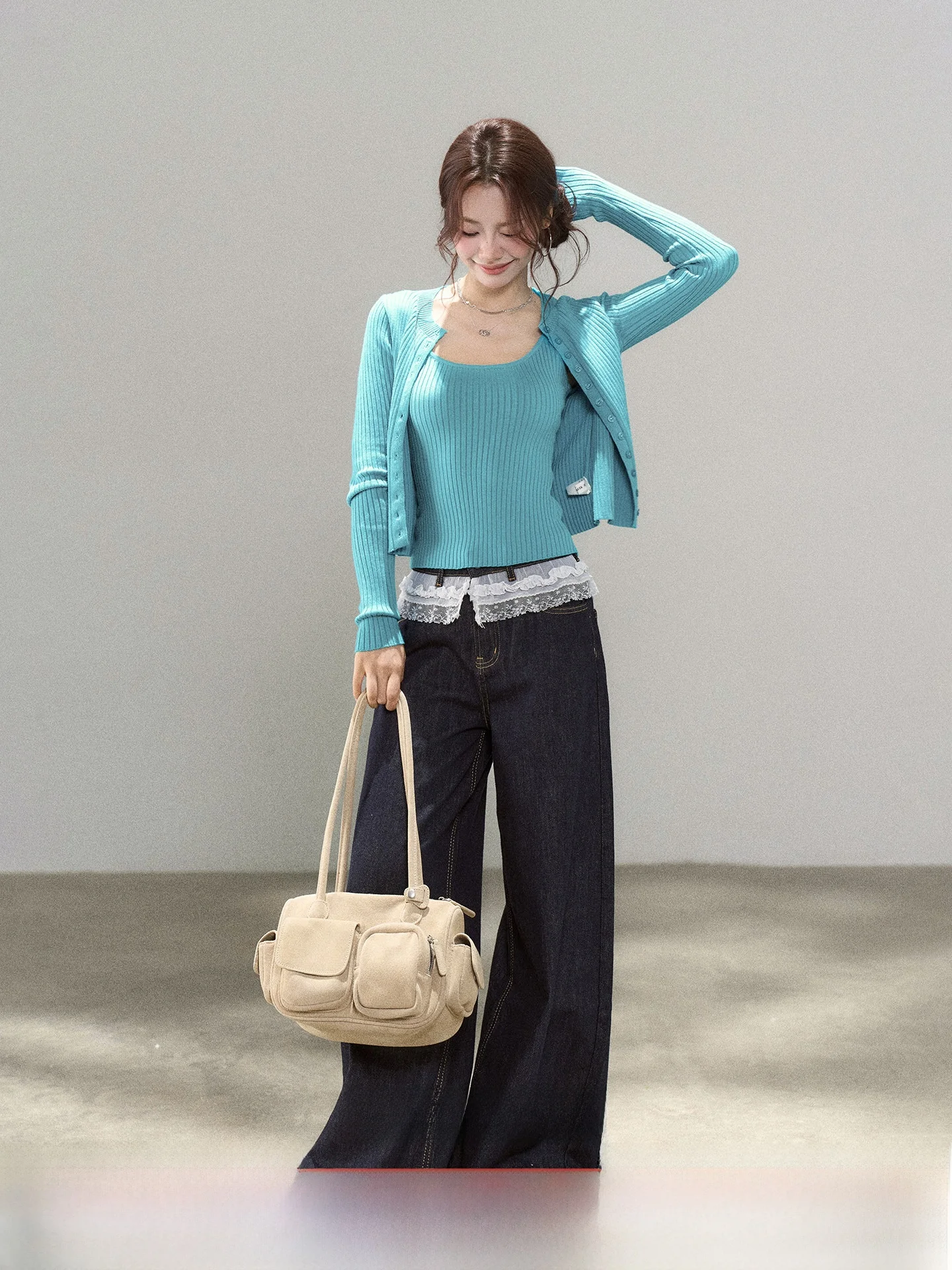 

round Ne Long Sve Knitted Vest Top Women's Casual Sle Texture Design Two Piece Set Comfortable Fit Long Coat Cardigan