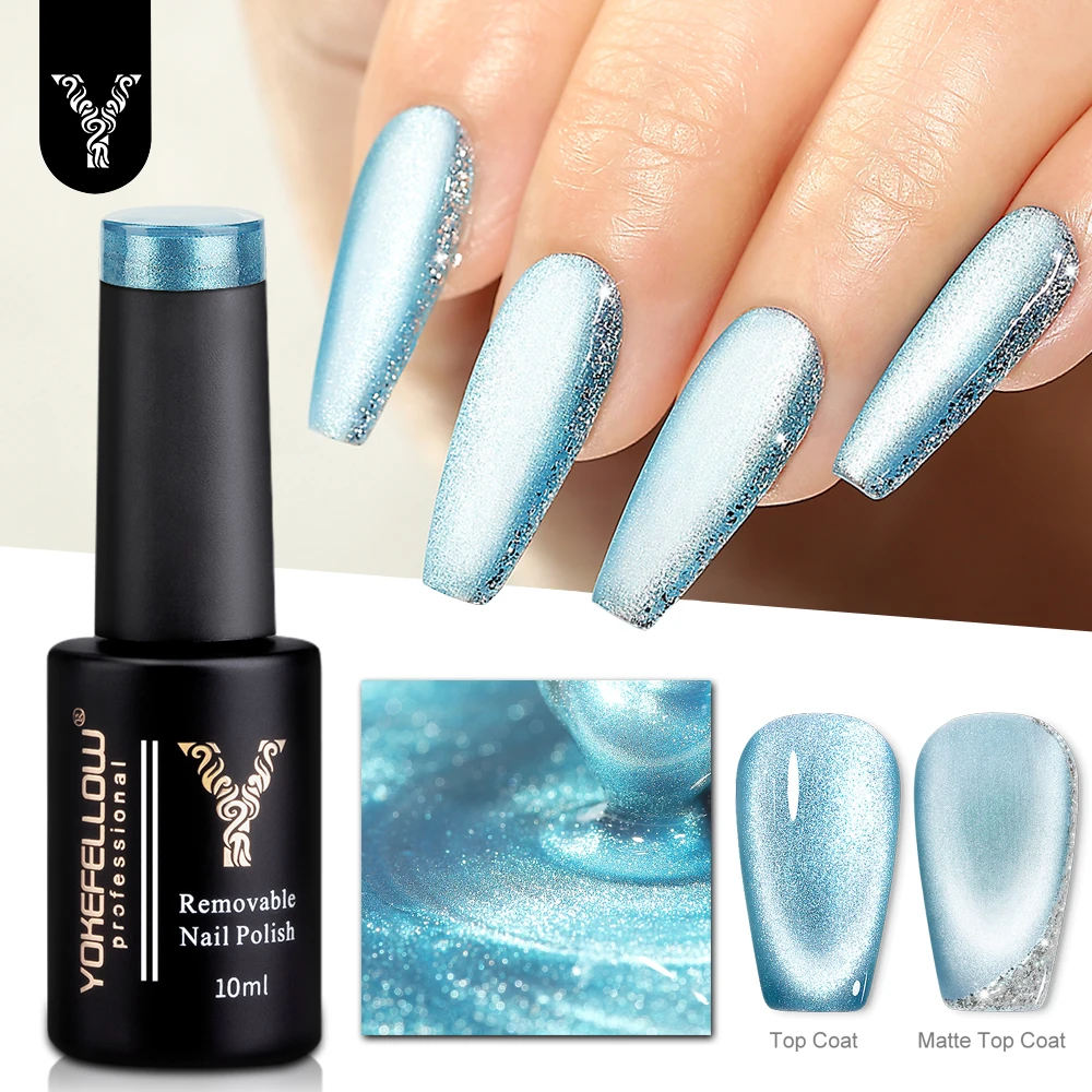 

YOKEFELLOW Glitter Cat Eye Magnetic Gel Nail Polish 10ML Blue Holographic Semi Permanent UV Gel Soak Off Sparkling Nail Art