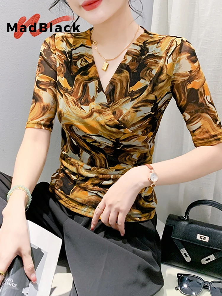 

MadBlack, European Clothes Tshirt, Women Sexy V Neck Print Tops, 3/4 Sleeve Mesh Fashion Casual Slim Tee, Summer Autumn T47553QC