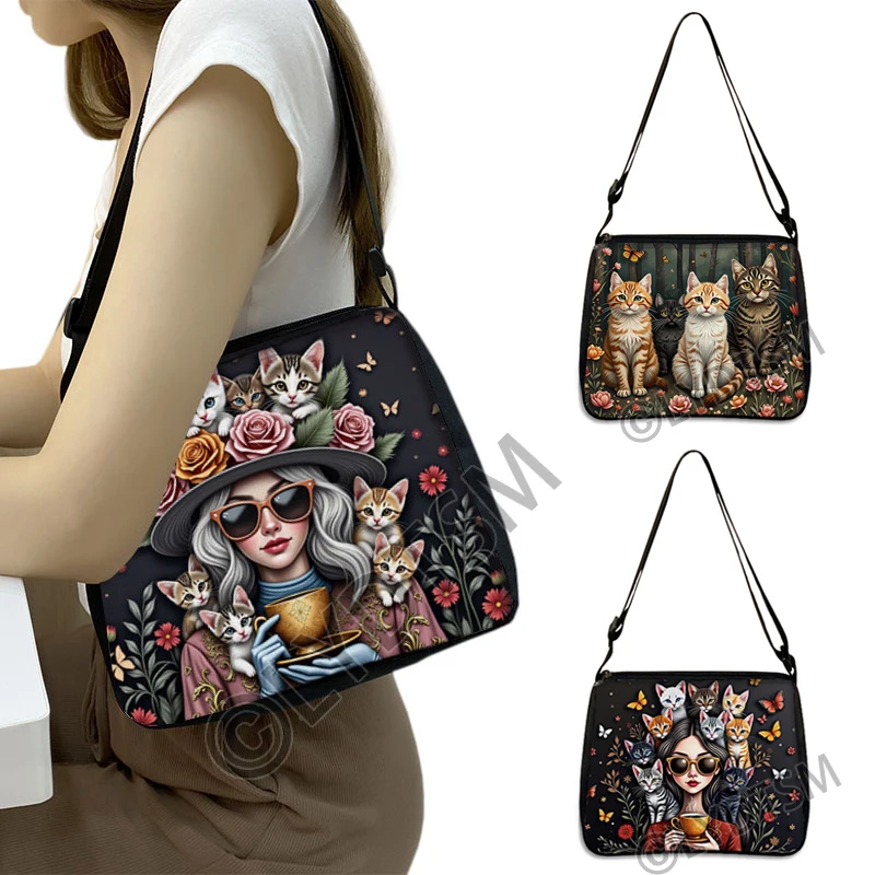 

Flowers Butterfly Cats Women Drinking Tea Print Shoulder Bags Ladies Handbags Phone Wallet Storage Pouch Female Messenger Bag