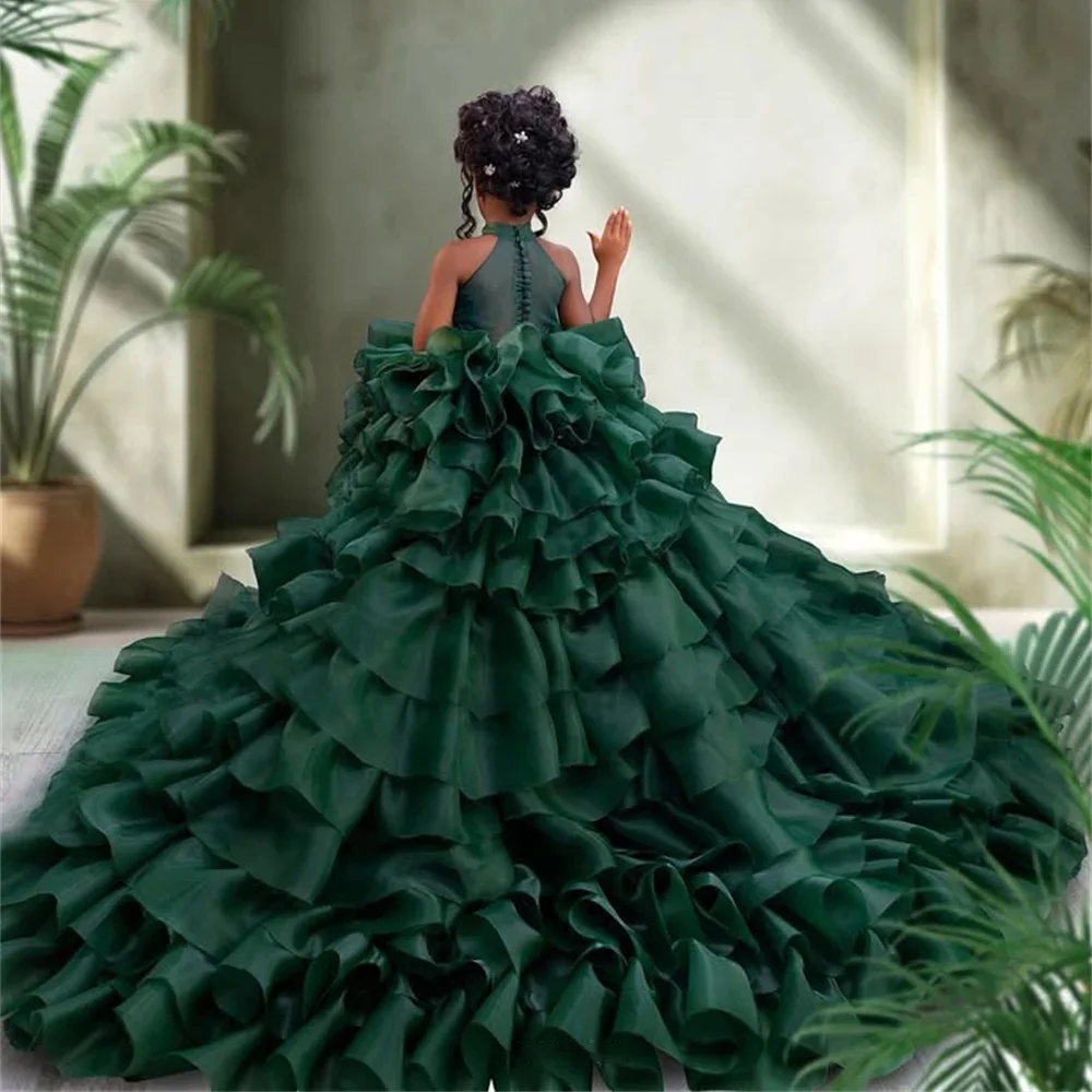グリーンのロング丈、女の子の誕生日パーティー、ティアードチュール、ハイネック、フラワーガール、ウェディング、カスタムメイド、女の子の写真撮影用ドレス