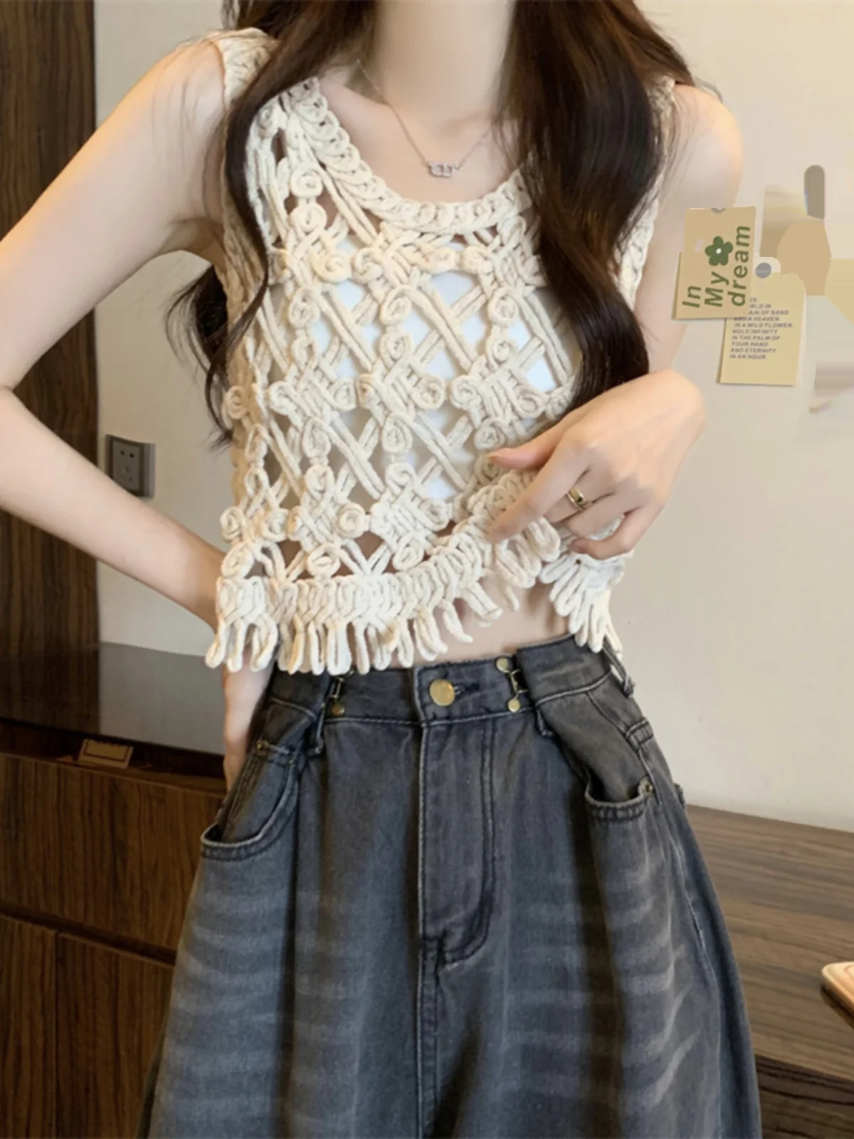 Gestricktes Damen-Weste-Oberteil mit Haken-Design, ausgehöhlt, Sommer-Oberbekleidung, Vintage-Stil, lockerer Svel-Riemen und Vertuschung