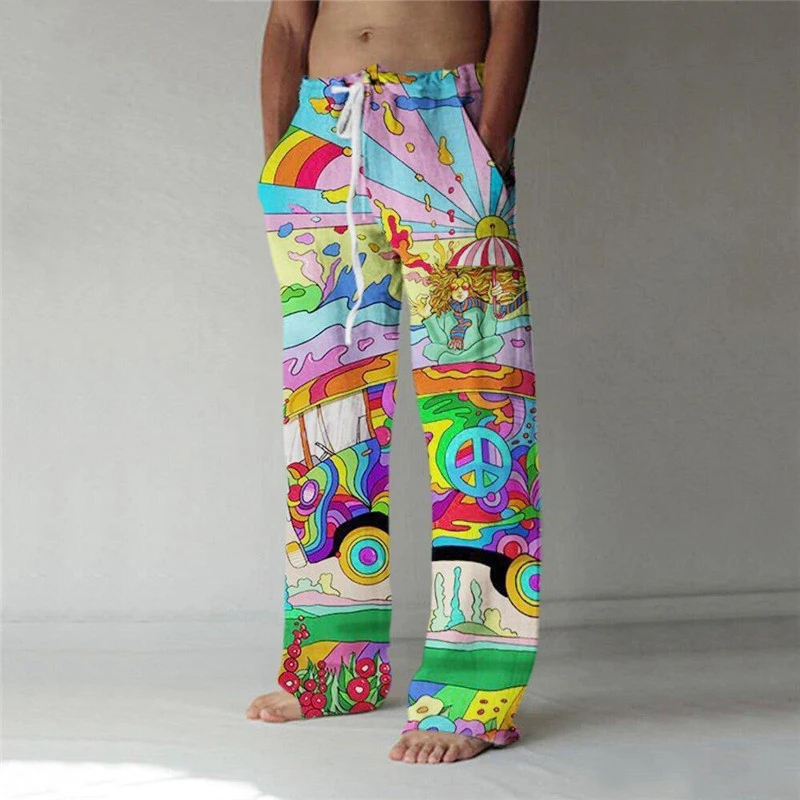 New Summer Beach Pants Men\'s Street Retro Casual Wide Leg Pants 3D Printed Fashion Wide Leg Pants Hawaiian Style Pants