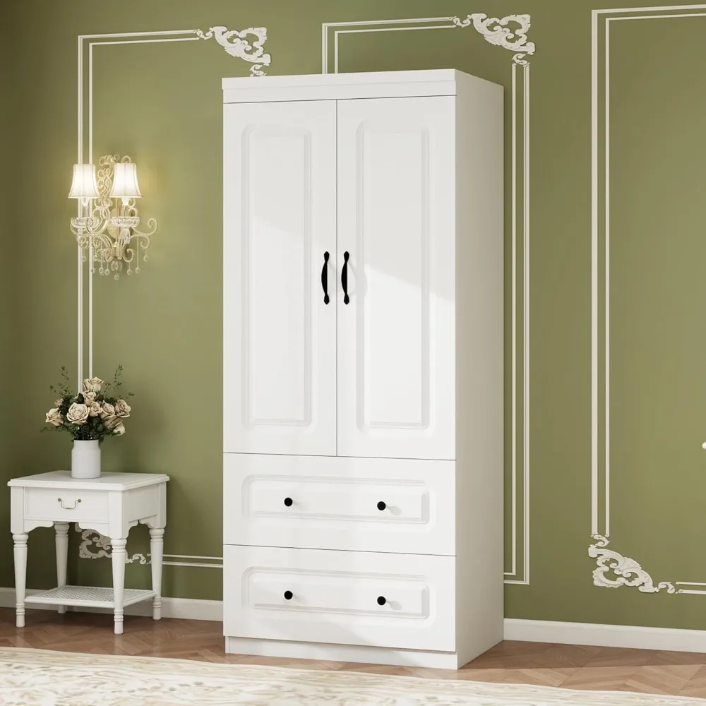 Wardrobe Closet: Wood White Bedroom Armoire Storage Cabinet for Large Capacity with 2 Doors, Tall Armoire and Wardrobe C