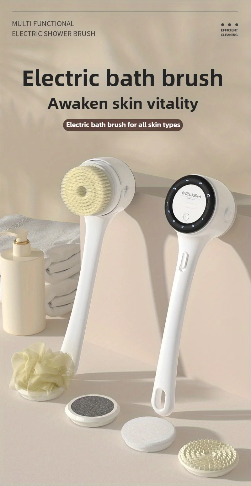 Electric Shower Brush LED Display Rotating Multifunctional Shower Brush 5 Brush Heads 3-Speed Detachable for Back Face & Shower