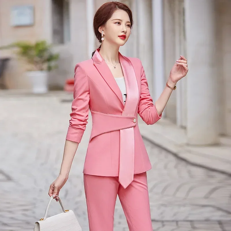 Pantaloni da donna rosa Set 2 pezzi Blazer Office Lady Business Work Wear elegante ragazza formale Casual cappotto pantaloni abito da ballo