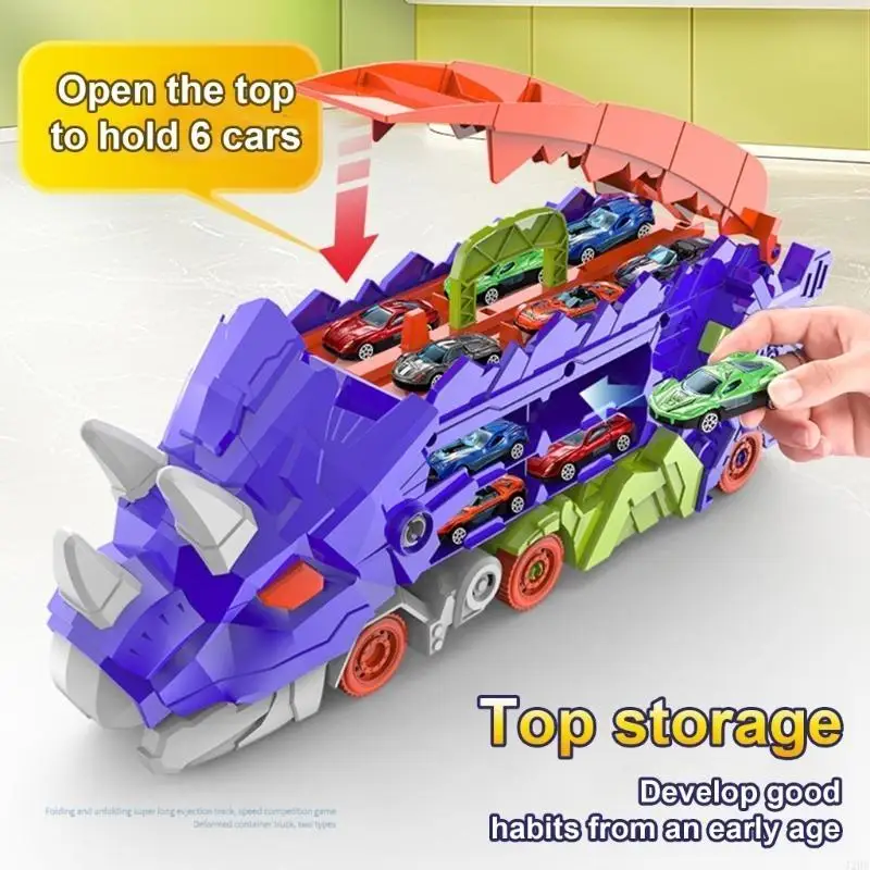 

J2HF Toddler Dinosaur Truck Toy With Mini Car For Boys And Girls Age 3-8 Birthday Transport Truck With Slide Boy Gift