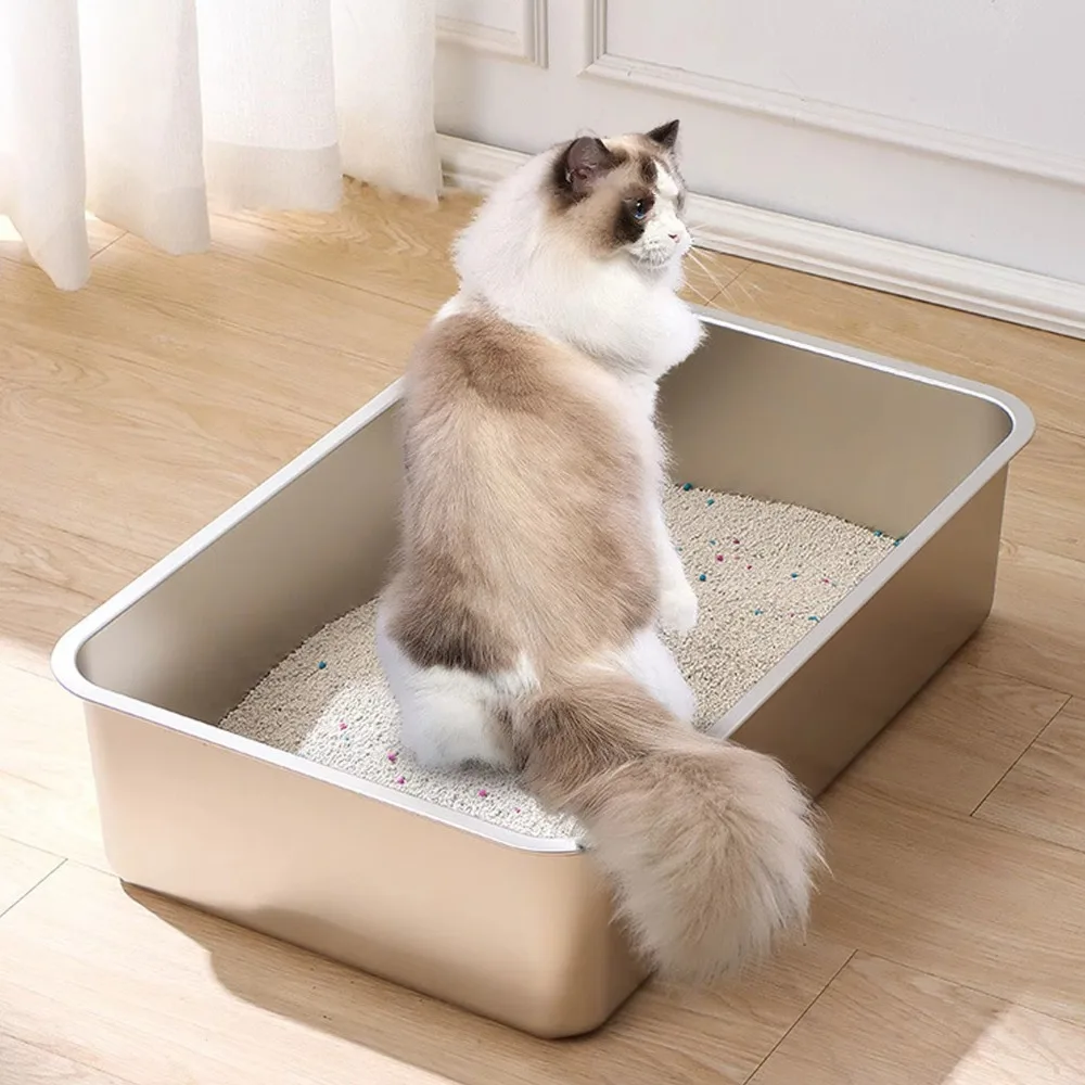 Neue Katzentoilette aus Edelstahl mit großem Fassungsvermögen, leicht zu reinigende Katzentoilette, hochseitiges Katzentöpfchen für Katzen