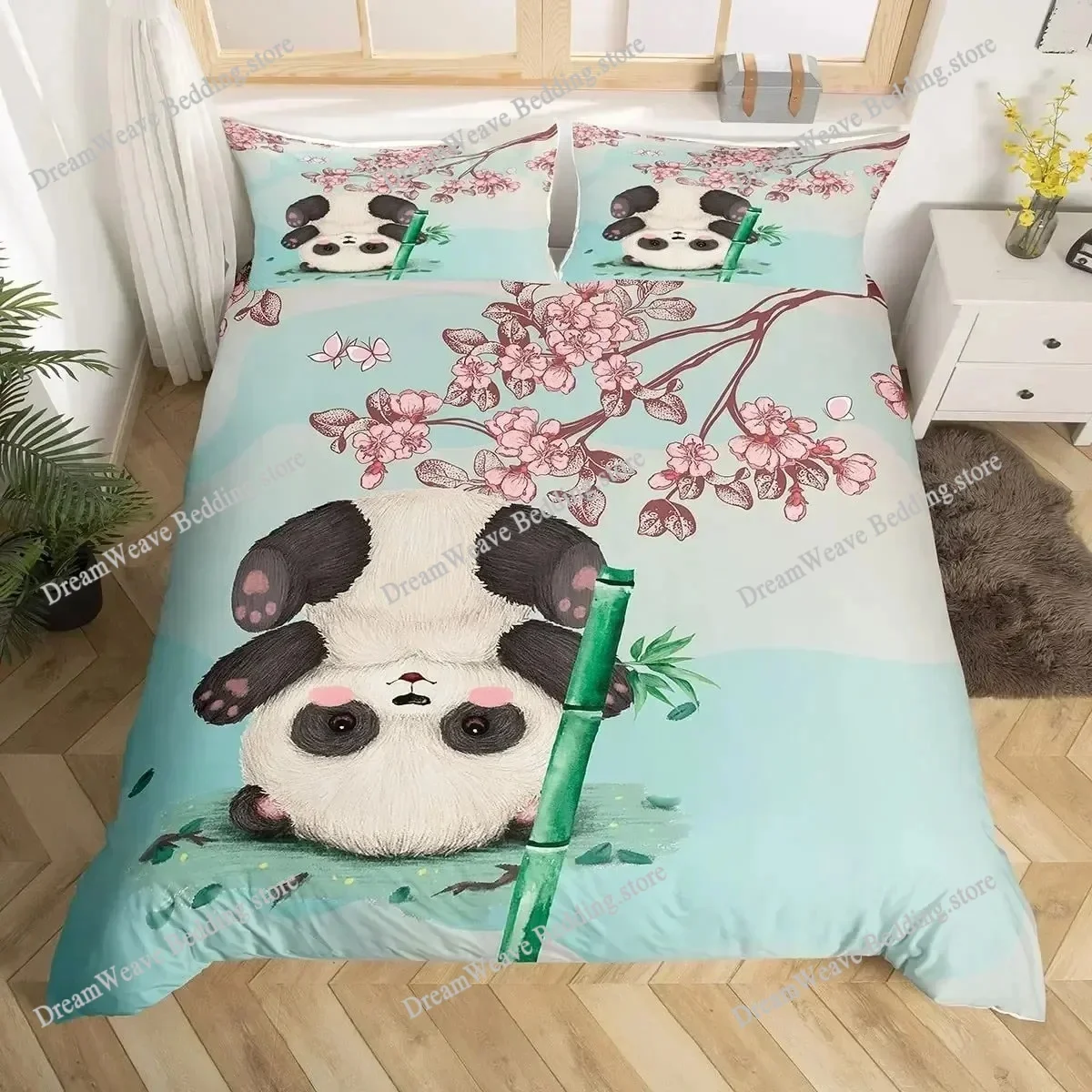 Panda Duvet Cover Set Animal Comforter Polyester Bedding Set with Pillowcases Starry Sky Blue Ultra Soft King Size Quilt Cover96