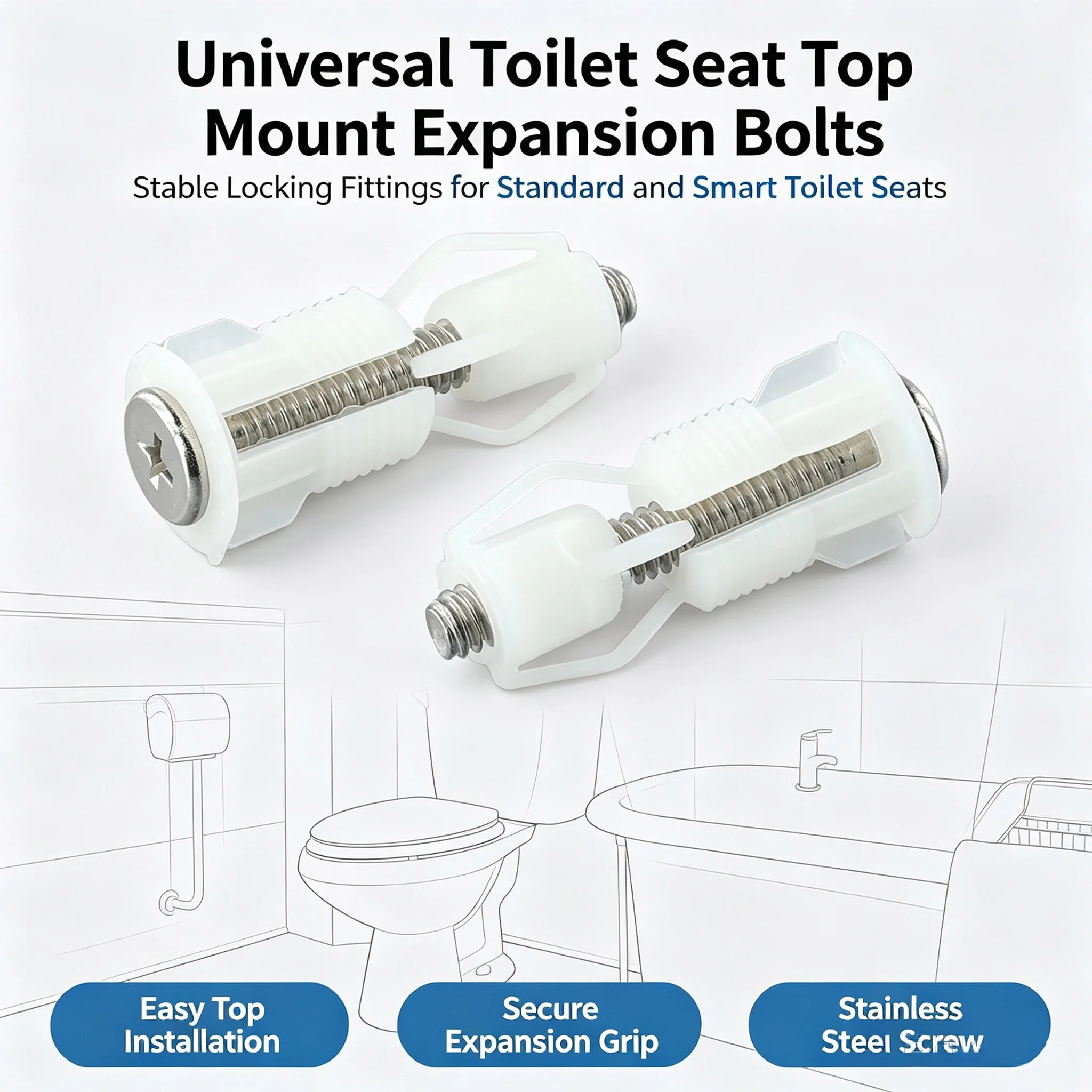 2 Pcs Toilet‑Seat Top Mount Fixing Screw Kit, Plastic Cover Nuts Blind Hole Fastener Replacement Hardware Bathroom Accessories